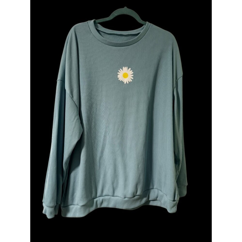 Daisy Print Ribbed Aqua Blue Long Sleeve Crewneck Top 4XL Polyester & Spandex Wo